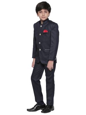 Blue plain blended cotton boys indo western dress 2