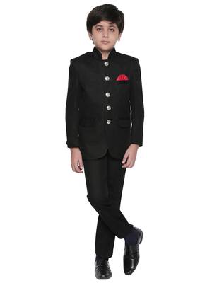 Black plain blended cotton boys indo western dress 1