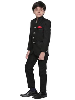 Black plain blended cotton boys indo western dress 2
