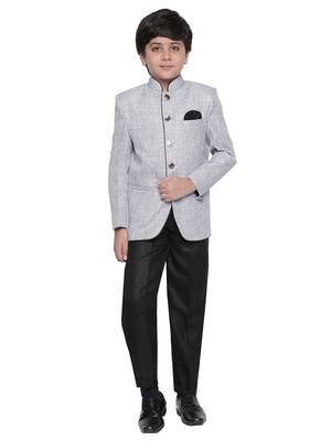 Grey plain blended cotton boys indo western dress 1