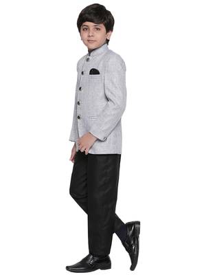 Grey plain blended cotton boys indo western dress 2