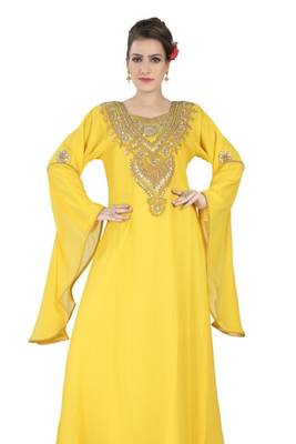 Yellow embroidered georgette islamic kaftans 3