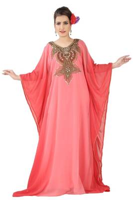 Peach embroidered georgette islamic kaftans 4
