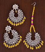 Silver Plated Yellow Beaded Kundan Embellished Earrings cum Tikka Set