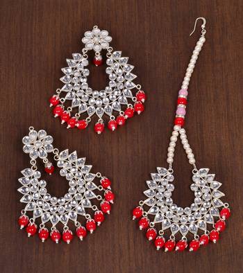 Silver Plated Red Beaded Kundan Embellished Earrings cum Tikka Set 1