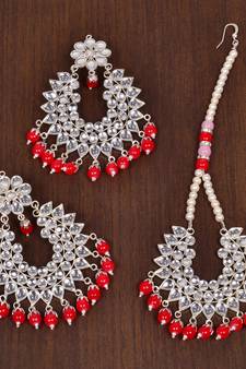 Silver Plated Red Beaded Kundan Embellished Earrings cum Tikka Set