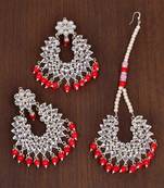 Silver Plated Red Beaded Kundan Embellished Earrings cum Tikka Set