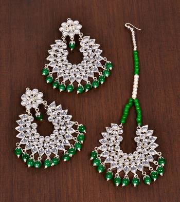 Silver Plated Green Beaded Kundan Embellished Earrings cum Tikka Set 1