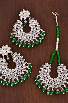 Silver Plated Green Beaded Kundan Embellished Earrings cum Tikka Set