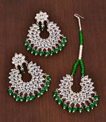 Silver Plated Green Beaded Kundan Embellished Earrings cum Tikka Set