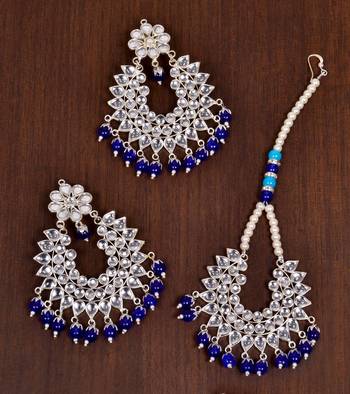Silver Plated Blue Beaded Kundan Embellished Earrings cum Tikka Set 1