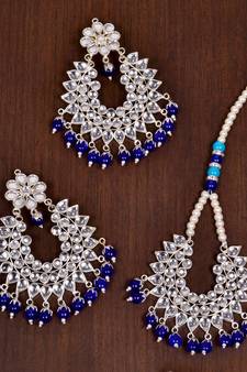 Silver Plated Blue Beaded Kundan Embellished Earrings cum Tikka Set
