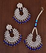 Silver Plated Blue Beaded Kundan Embellished Earrings cum Tikka Set