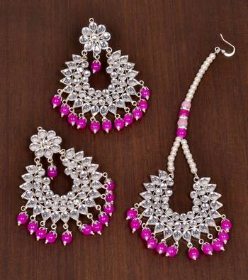 Silver Plated Magenta Beaded Kundan Embellished Earrings cum Tikka Set 1