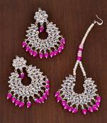 Silver Plated Magenta Beaded Kundan Embellished Earrings cum Tikka Set
