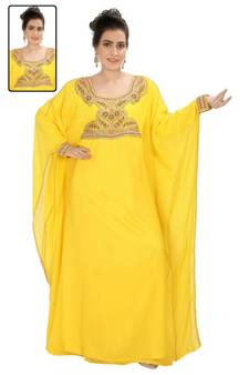 Yellow embroidered georgette islamic kaftans