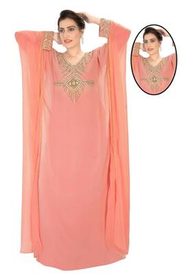 Peach embroidered georgette islamic kaftans 1
