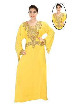 Yellow embroidered georgette islamic kaftans