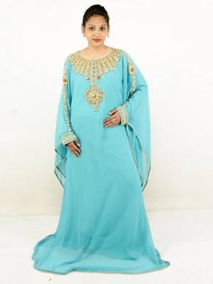 Turquoise  embroidered georgette islamic kaftans 3