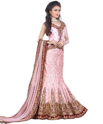 Pink Embroidered Net Semi Stitched Lehenga 1
