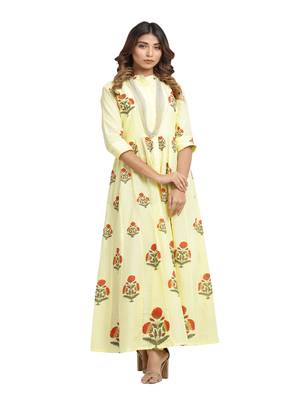 yellow block print cotton kurti-set 1