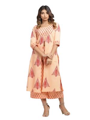 orange block print cotton kurti-set 1