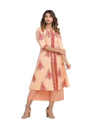orange block print cotton kurti-set 1