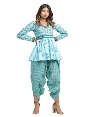 turquoise block print cotton kurti-set 1