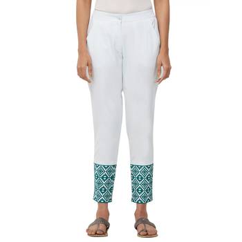 Aqua Cotton Twill Embroidered Mid Rise Cigarette Pants For Women's 1