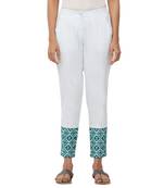 Aqua Cotton Twill Embroidered Mid Rise Cigarette Pants For Women's