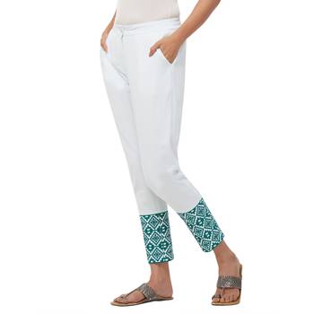Aqua Cotton Twill Embroidered Mid Rise Cigarette Pants For Women's 2
