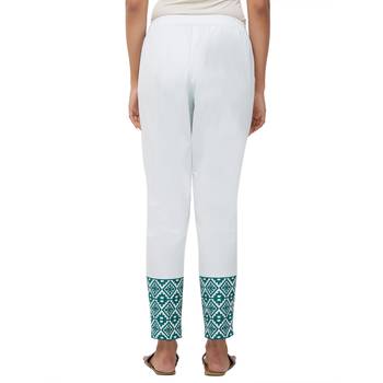Aqua Cotton Twill Embroidered Mid Rise Cigarette Pants For Women's 3