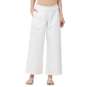 Off White Poplin Embroidered Mid Rise Palazzo For Women's 1