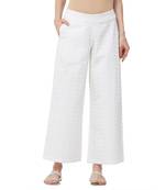 Off White Poplin Embroidered Mid Rise Palazzo For Women's