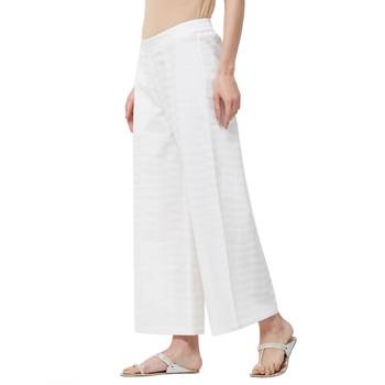 Off White Poplin Embroidered Mid Rise Palazzo For Women's 2
