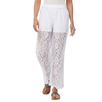 White Floral Knit Embroidered Mid Rise Palazzo For Women's 1