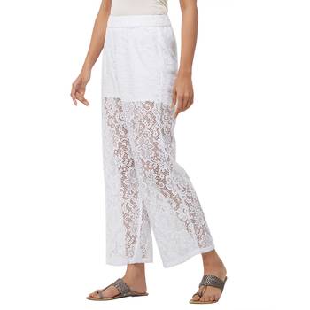 White Floral Knit Embroidered Mid Rise Palazzo For Women's 2