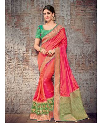 peach woven art silk saree with blouse 1
