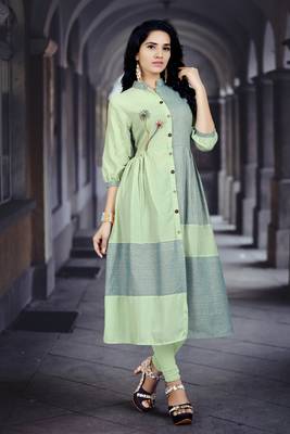 Light-green embroidered cotton poly long kurti 1