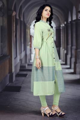 Light-green embroidered cotton poly long kurti 3