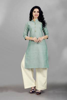 Sky-blue woven cotton poly long kurti 1