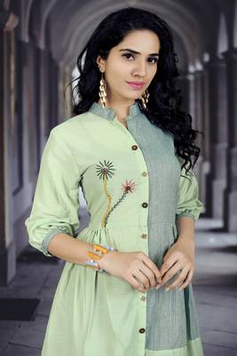 Light-green embroidered cotton poly long kurti 4