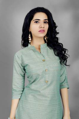 Sky-blue woven cotton poly long kurti 4