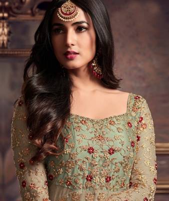 Light-teal embroidered net salwar 2