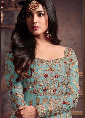 Light-sky-blue embroidered net salwar 2