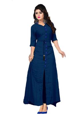 Navy-Blue Plain Rayon Kurti 1