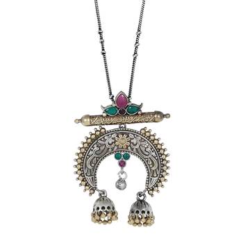 Elegant  Oxidisied Silver & Gold  Look  Brass   Necklace With Pink & Green Beads For Women & Girls 2