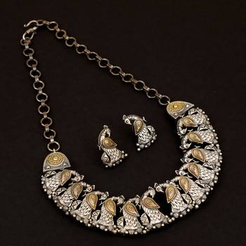 Symmetrical  Peacock Oxidised Gold & Silver,Brass  Necklace Set For Women & Girls 1
