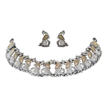 Symmetrical  Peacock Oxidised Gold & Silver,Brass  Necklace Set For Women & Girls 2