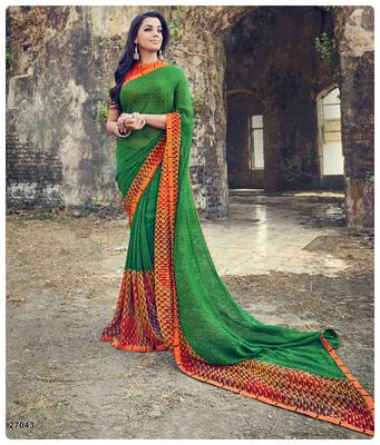 Green printed georgette saree with blouse 1